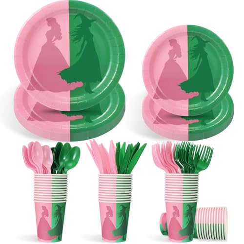 Tellingyou 144 Pcs Pink and Green Witch Party Decorations Tableware Movie Themed Birthday Party Supplies Witch Princess Paper Plates Cups Knives Forks Spoons to Serve 24 Guest