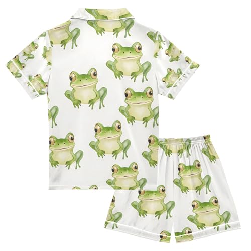 senya Frog Watercolor White Satin Summer Pajama Sets Silk Short Sleeve Button Down Sleepwear2