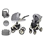 KUNERT Kinderwagen MILA PREMIUM CLASSIC Sportwagen Babywagen Autositz Babyschale Komplettset Kinder Wagen Set 3 in 1 (Grauer Würfel, Rahmenfarbe: Gold, 3in1)