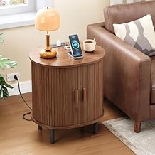 ONBRILL Oval End Table with Storage & Charging Station, Fluted Accent Side Table with Sliding Door & Adjustable Shelf, Mid-Century Modern Nightstand for Small Space, Living Room, Bedroom, Walnut