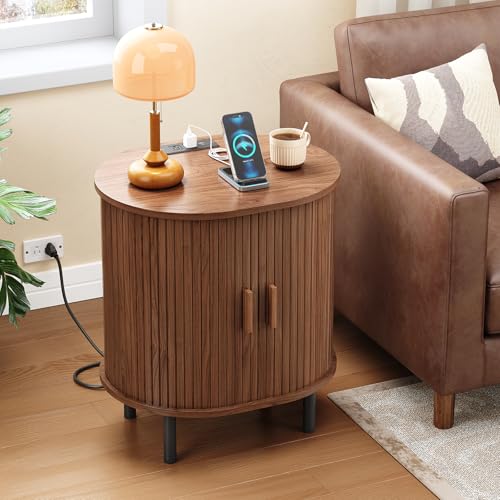 ONBRILL Oval End Table with Storage & Charging Station, Fluted Accent Side Table with Sliding Door & Adjustable Shelf, Mid-Century Modern Nightstand for Small Space, Living Room, Bedroom, Walnut