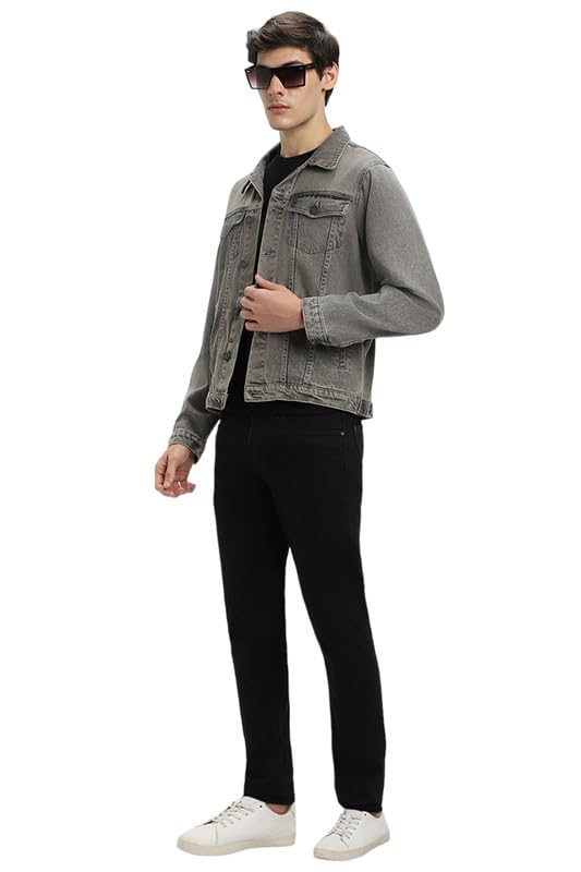 DENNIS LINGO Men’s Grey Washed Cotton Denim Jacket, Regular Fit Full Sleeves Regular Collar