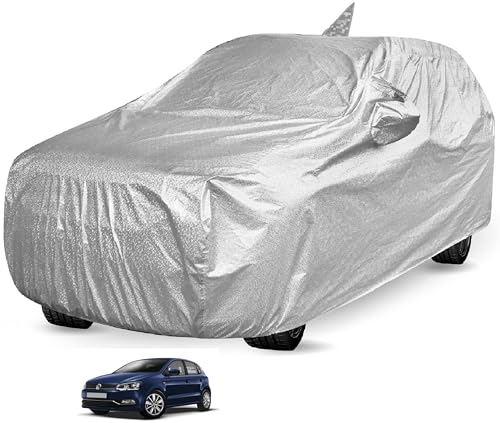 Image of Auto Hub Waterproof Car Cover Compatible with Polo New with Antenna & Mirror Pockets, Soft Cotton Lining, Polo Car Cover Waterproof, Metallic Silver