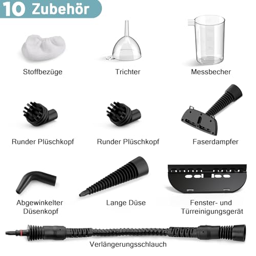 AKPIAN Handdampfreiniger 1050W, 10-teiliges Zubehörset, multifunktionaler Dampfreiniger, zur chemiefreien Reinigung von Fliesenfugen, Fenstern, Herdplatten, Badezimmern & Autos