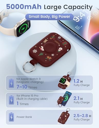 Image of RORRY Portable Charger, 5000mAh Portable Charger Power Bank with Built-in Cables, Travel Keychain Battery Pack for Apple Watch Ultra /11 /10 /9 /8 /7 /6 /SE, iPhone Air /17 /16 /15 /14 /13 /12, Christmas Red