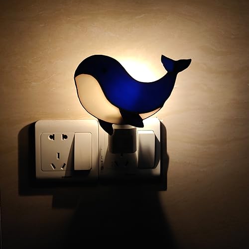 Image of CHEZBABY Stained Glass Night Light Plug into Wall Accent Nightlight Lamp Decorative for Hallway Bedroom Kitchen Home Decor(Whale)