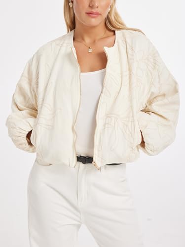 Womens Embroidered Cropped Bomber Jacket Casual Long Sleeve Zipper Lightweight Jackets 2025 Fall Outerwear with Pocket2