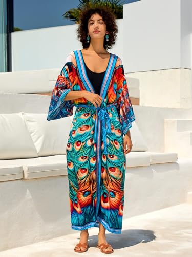 Image of Women's Kimono Cover Up Long Beach Dress Swimsuit Cover Ups Colorful Cardigan Lightweight Robe for Swimwear