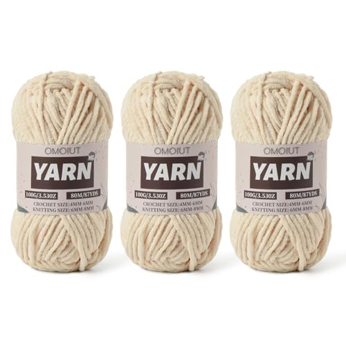 Image of Fluffy Chenille Yarn for Crocheting - Baby Yarn for Crocheting Soft Blanket - 3 Pack of 100g /(87.4yds) Crochet Amigurumi Chunky Yarns - Super Bulky 5 Velvet Yarns (3 Beige)