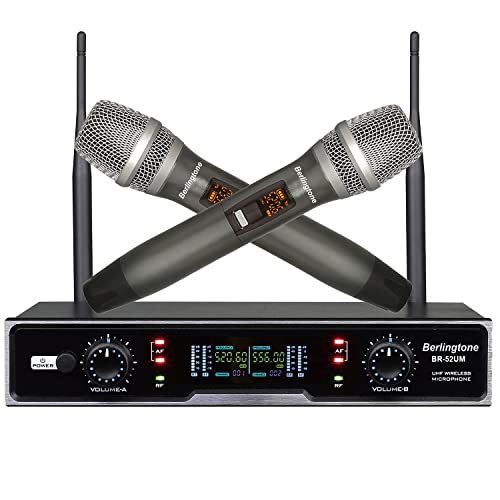 Berlingtone, Professional Dual Dynamic Handheld UHF Wireless Microphone System, Metal Microphone and Base, for Singing, Karaoke, Church, Wedding, Meeting, up to 260ft Range (BR-52UM)