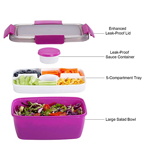 Image of Caperci Large Salad Container Bowl for Lunch - Better Adult Bento Lunch Box 68 oz, 5-Compartment Tray, 2pcs 3-oz Sauce Cups, Stackable, BPA-Free (Purple)
