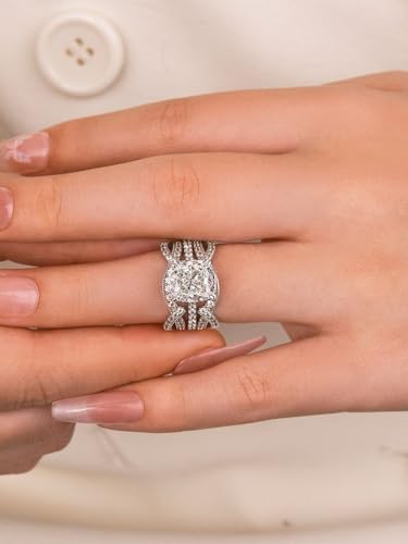 4 Carat Cushion Cut Bridal Ring Set, S925 Sterling Silver 5A CZ Insertable Engagement Ring & Enhancer Bands Set4