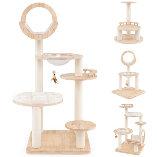 Nightcore 57” Tall Solid Wood Cat Tree for Indoor Cats, Building Block Kitten Tower w/Perch, Scratching Posts, Washable Cushions, 4 Install Options, Multi-Level Cat Activity Center Climbing Furniture