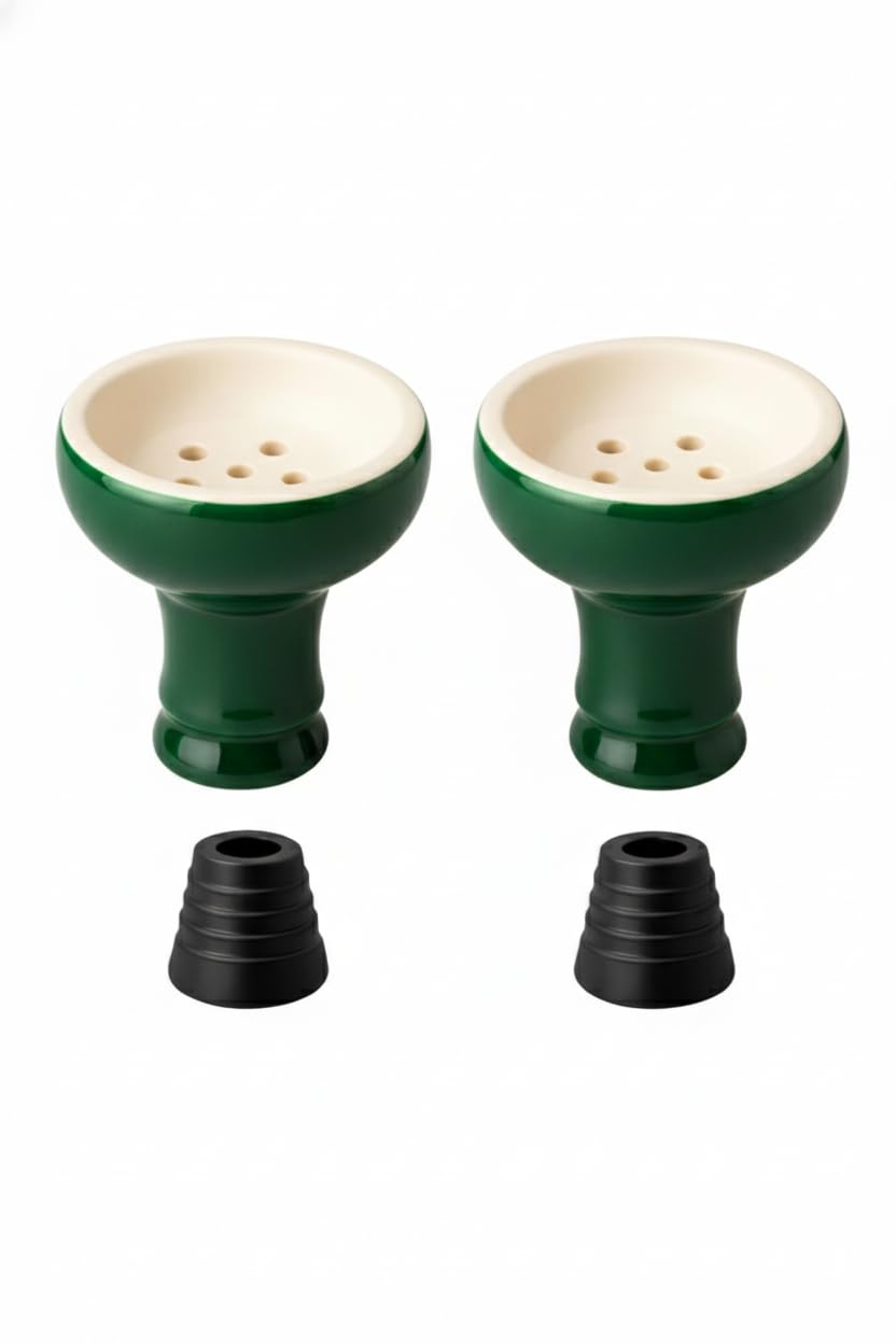 Maya Hookah Chillum Set, Ceramic Bowl with Rubber Grommets, Universal Compatibility for All Hookah Types, 2 Pack (Green)