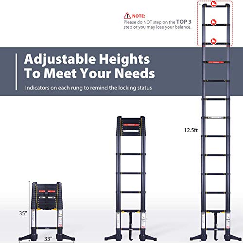 Ohuhu 12.5 FT Premium Aluminum Telescoping Ladder, ONE-Button RETRACTION ANSI Certified Patented Design Extension Ladder, 2020 All New Heavy Duty Extendable Telescopic Ladder with 330 Pound Capacity
