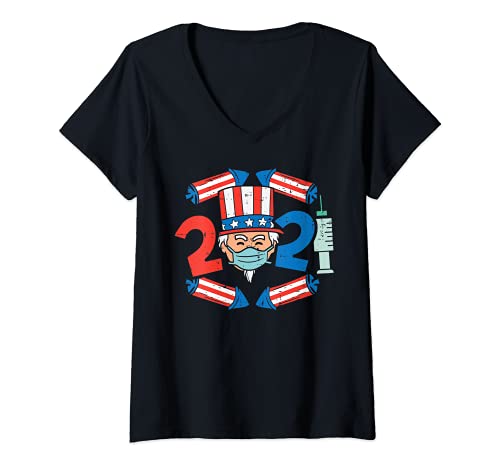 Donna 2021 Uncle Sam Face Mask Funny USA 4th Of July Quarantine Maglietta con Collo a V