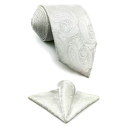 S&W SHLAX&WING Tie Set Extra Long Silk Neckties White Paisley Extra Long Size 63" with Pocket Square