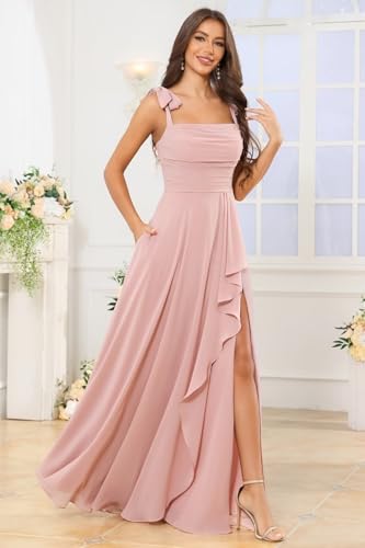 Chiffon Slit Bridesmaid Dresses Ruched Ruffle Square Neck Formal Dress with Pocket4
