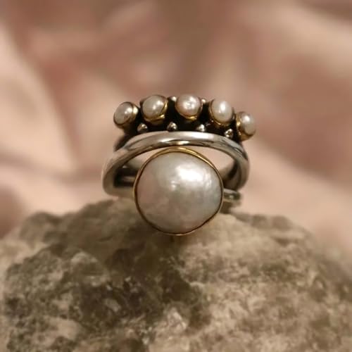 Pearl Ring for Women Faux Pearl Promise Ring Baroque Pearl Statement Rings Vintage Thai Silver Color Ring Stacking Irregular Pearl Finger Ring Round Finger Ring Triple Crossover Faux Pearl Ring (9)3