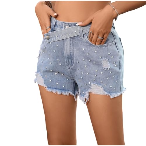 HGps8w Women's Stylish Rhinestone Decor Summer Jean Shorts, Stretch Ripped High Waisted Casual Denim Shorts with Pockets