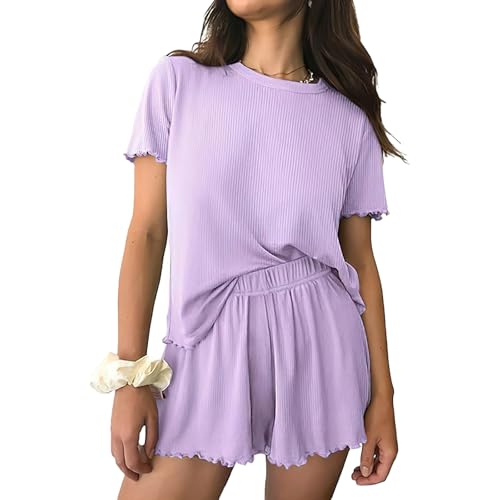 GDKRTNAJ Lounge Sets for Women Plain Summer 2 Piece Set Pajamas Ribbed Solid Tops with Soft Short PJ Sleepwear (Purple,XL)