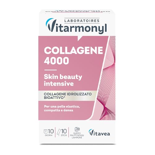 Collagene 4000 - Benessere e Bellezza della Pelle - Pelle Elastica, Compatta e Rimpolpata - Collagene Marino Idrolizzato - 10 Stick Gusto Frutti Rossi e Lampone - Vitarmonyl