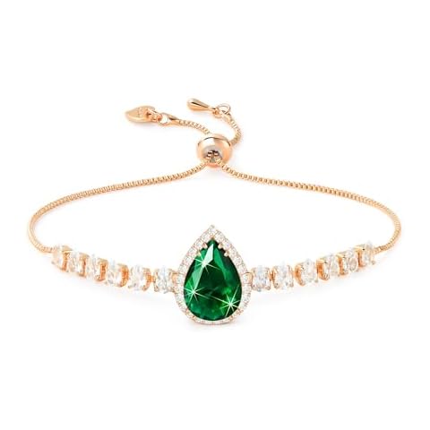 Linawe Emerald Green Crystal Imitation Diamond Bracelet for Women, Rose Gold Chain Charm Bracelet, Rhinestone Birthstone Moissanite Cubic Zirconia Bracelet Set, Prom Wedding Preppy Jewelry Cover
