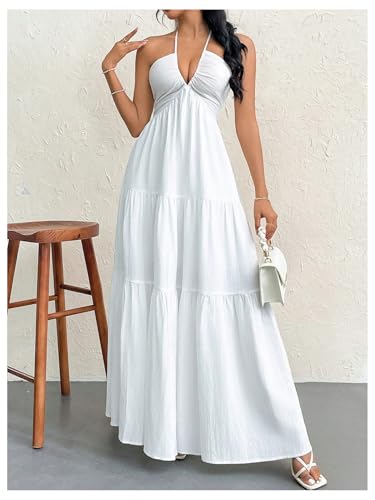SHENHE Women's Deep V Neck Tie Knot Backless Halter Dress A Line Flowy Ruffle Maxi Dress4