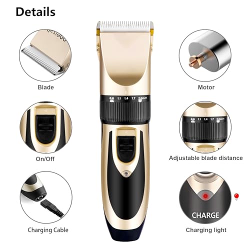 Highdas Dog Clippers for Grooming Low Noise, Cordless Electric Dog Grooming Kit Clippers Rechargeable, Quiet Dog Shaver, Pet Hair Trimmer Kit for Dogs & Cats (Gold)