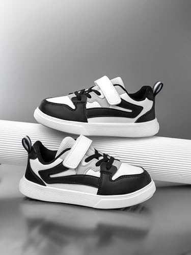 Boys and Girls Board Shoes Adjustable Hook and Loop Classic Low Top Kids Sneakers for All Season Black Grey White4