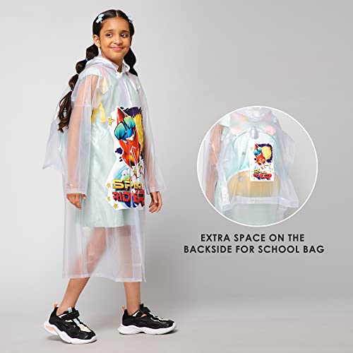 Image of THE CLOWNFISH Toon Caper Series Kid's Waterproof PvcLong Length Coat With Adjustable Hood & Extra Space For Backpack /Schoolbag Holding. Printed Plastic Pouch.