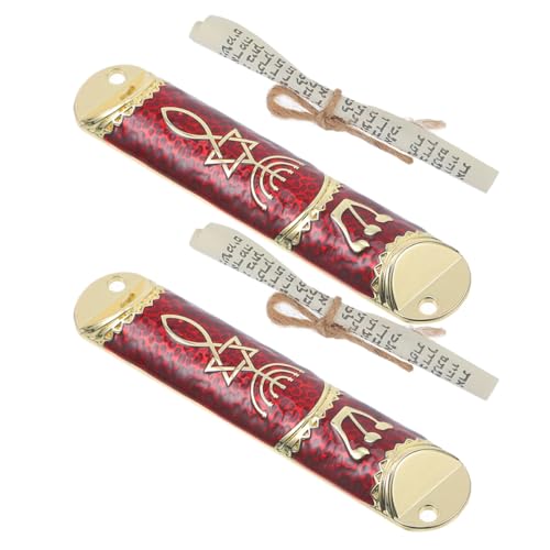 Holibanna Mezuzá Judía de Metal Dorado y Rojo con Pergamino Kosher, Juego de 2 Unidades para Decoración de Puerta y Hogar, Símbolo Judío Tradicional para Mitzvá y Bendición Familiar