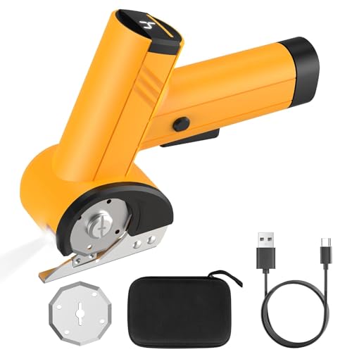 Cordless Electric Scissors with LED Display 2000mAh Rechargeable Cardboard Box Cutter with Safety Lock 2 Blades LED Light 4-Speed Adjustable Rotary Cutter for Cardboard Fabric Leather Carpet