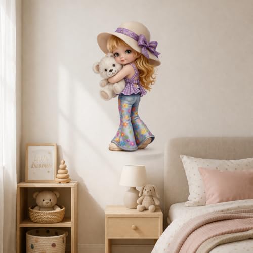 Image of Rangoli Cute Girl Teddy Wall Sticker 13 x 24 Inch Cartoon Kids Design Self Adhesive Wall Decor for Nursery Baby Room Kids Bedroom Playroom Wall Art