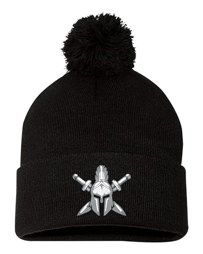 One Size Black Pom Spartan Warrior Helmet with Crossed Swords Embroidered Knit Beanie Pom Cap
