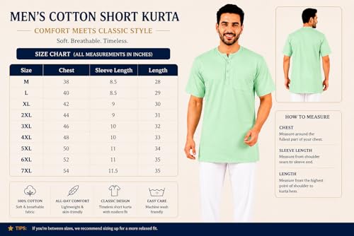 Image of Men's Cotton Halfsleeve Short Kurta for Summer