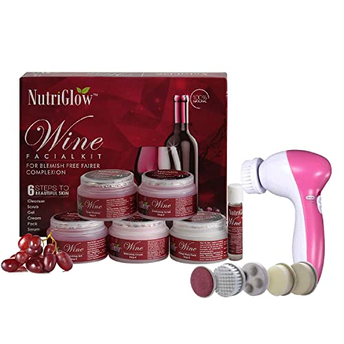NutriGlow Wine Facial Cleanup Kit for Women for Glowing Skin| 6-Pieces Skin Care Set with Deep Cleanser, Scrub, Nourishing Gel, Whitening Cream, Mask Pack and Serum| Anti Aging, Skin Care| 250gm+10ml| Free Face Massager