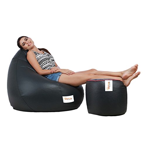 Image of Sattva Combo Classic XXL Bean Bag Grey and Round Footstool Filled with Beans - Grey with Pink Piping