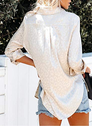Astylish Women Casual Cuffed Long Sleeve Button Up V Neck Satin Embossed Tunic Shirts Tops Apricot Small #TOP4