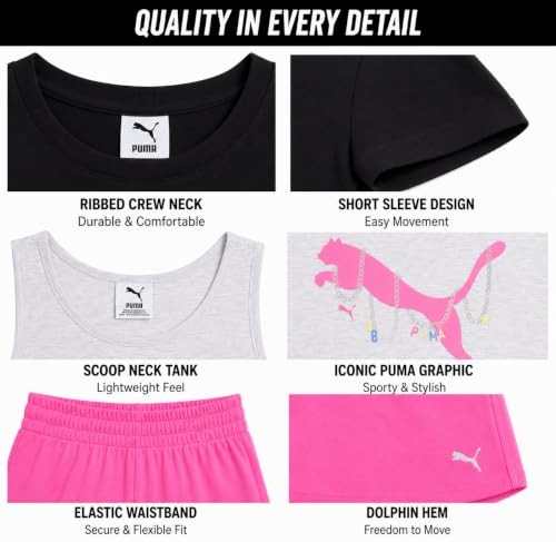 Image of PUMA Girls Active Shorts Set - 3 Piece Performance T-Shirt, Tank Top, Gym Shorts - Summer Athletic Outfit for Girls (7-14)