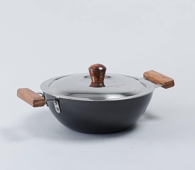 Wonder Chef Ebony Hard Anodized Kadhai, Wok with Lid 24 cm, Black, 63152544