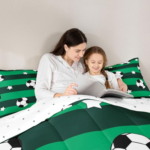 Image of Feelyou Soccer Comforter Set Twin Size Kids Football Pattern Games Bedding Set for Boys Girls Teens Sports Theme Green Geometric Stripes Duvet Quilt Room Decor