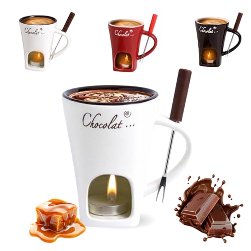 Chocolate Fondue Mug with Forks, 200ml Chocolate Fondue Melting Cup,Ceramic Chocolates Melting Cups Set,Melting Chocolates Love Cup for for Hot Chocolate,Cheese, Dip, Birthday Gift (Beige)