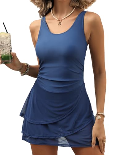 Image of VIMPUNEC Women One Piece Swim Dress Swimsuit Tummy Control Modest Swim Skirt Bathing Suit