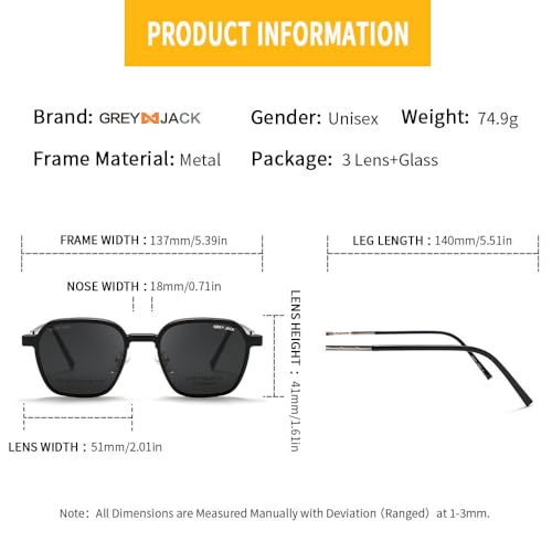Image of grey jack Square Clip on Glasses with Spring Hinge,Metal Frame 3 in 1 Magentic Sunglasses for Myopic Men Women 8133