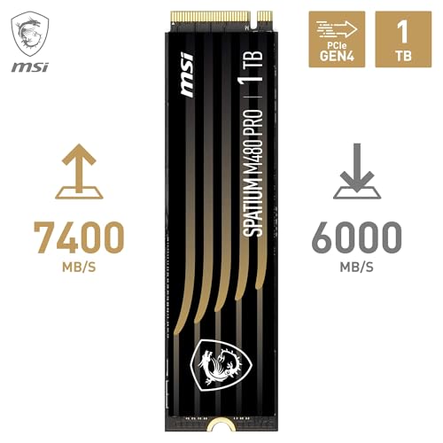 MSI SPATIUM M480 Pro PCIe 4.0 NVMe M.2 1TB - Disque SSD Interne 1 to, PCIe 4.0 NVMe M.2, Lecture 7400 MB/s & Écriture 6000 MB/s, 3D NAND, Sécurité des Données Intégrée, Garantie 5 Ans (700 TBW)