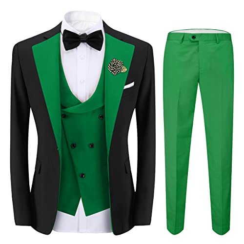 Cloudstyle Mens 3 Piece Suit Contrast Colour Fashion Coat Single Breasted Vest Jacket Pants Sets Green