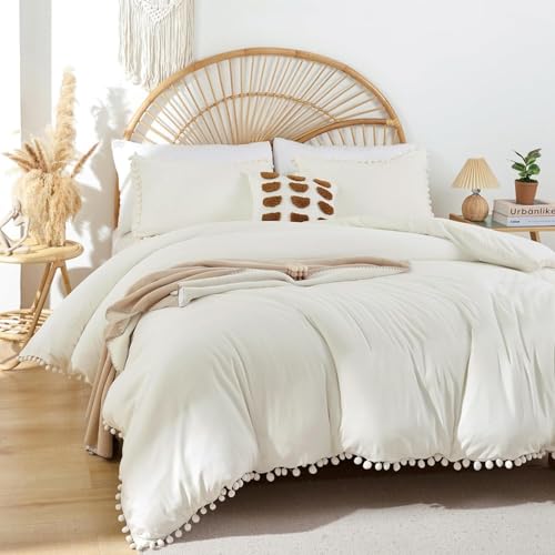 YIRDDEO King Size Comforter Set in Ivory, 3pcs Boho Ball Pom Lightweight Bed Comforter, Soft Solid Color Bedding Comforter Sets for All Seasons (Ivory, King, 104"x90")