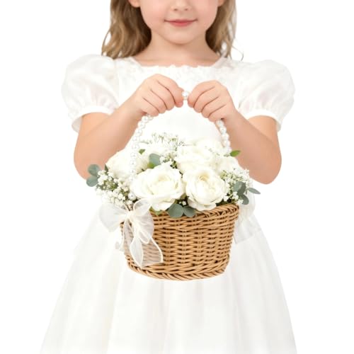 image for ARKSU Wicker Rattan Flower Girl Basket with Pearl Handle and Bow for R