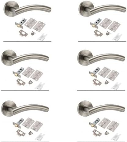 Ironmongery Hardware Online 6 x Set Arched Door Handle Pack with Satin Stainless Steel Door Handles, Latch and Hinges